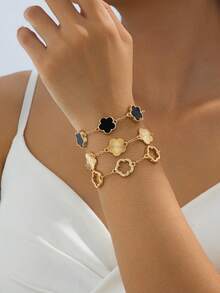 3 件经典镂空纹理金色和黑色三叶草串珠手链套装，适合女士，可堆叠且用途广泛（无礼盒） - 彩色 - 查看 3