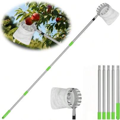 Telescopic Fruit Picker Pole With Basket - Adjustable Fruit Harvester Tool For Apples, Mangoes Lemons, Oranges, Fruit Picker For Tall Trees- Stainless Steel, Lightweight & Easy To Store, Easy Pick Fruit Gatherer