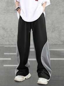 Men's Colorblock Patchwork Casual Loose Fit Straight Leg Sweatpants, Retro Sporty Functional Trousers, Spring/Autumn - Black - View 2