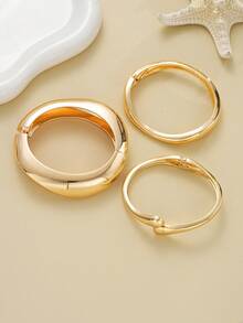 3pcs/Set Fashionable Punk Old Money Style Minimalist Gold Geometric Smooth Asymmetrical Teardrop Metal Bangle Bracelet Set, Suitable For Women, Thick Heavy-Duty Smooth Metal & Zinc Alloy Material - 銀色 - 查看 8
