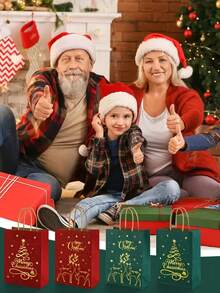 48 Christmas Gift Bags With Handles - Red And Green Reindeer And Christmas Tree Pattern, Large Foldable Wrinkle-Resistant Paper Party Gift Bags, Suitable For Holiday Shopping, Christmas Celebrations And New Year Events, Sturdy Paper Construction Christmas Bags