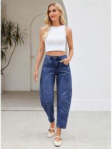 LookbookStore High Waisted Wide Leg Baggy Barrel Jeans Denim Jean Pantshalloween - 經典藍 - 查看 9