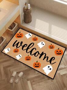 1 pieza, Felpudo de bienvenida con patrón divertido de fantasma y calabaza de Halloween de otoño, estilo festivo, lavable a máquina, de fibra de poliéster, apto para interiores, exteriores, decoración diaria, todas las estaciones - Amarillo - Ver 3