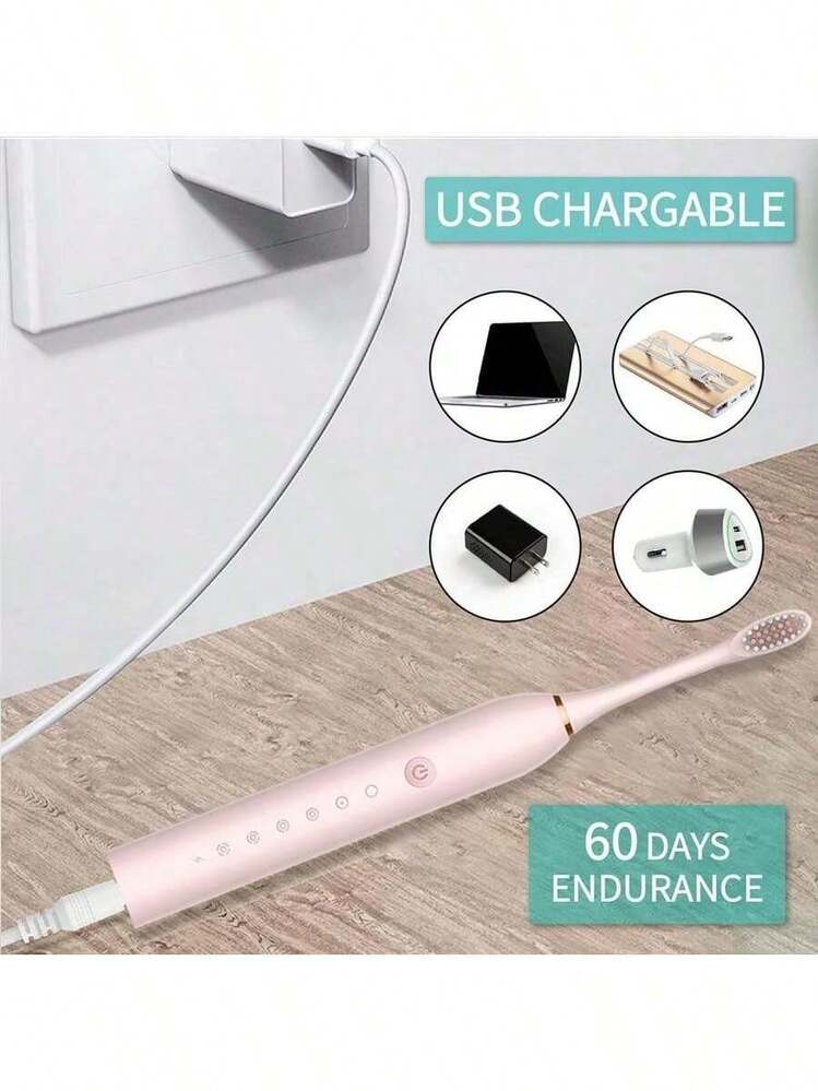 4 Cabezales Cepillo Dental Eléctrico Recargable - 6 Modos Limpieza, IPX7 Impermeable, Temporizador 2 Min, para Adultos y Niños (Familiar) - Rosa - Añade 4