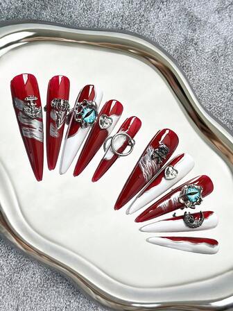 56 mm extra långa, ultratunna, högklackade, handgjorda press-on-naglar i fransk stil, flerfärgade nageltips med ögonformade silveraccessoarer, spegelpuder i ombre-mönster, handmålade Halloween-tema 3D-kompositmönster, färgblockerande 3D-designkonst, heltäckande konstgjorda, gör-det-själv-färdiga glansiga lösnaglar – 10 st/förpackning. Nageltillbehör. Naglar.