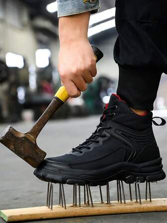 1 双黑色高帮钢头工作靴，适用于男士工作靴仓库防水登山鞋机械工作训练鞋防刺穿男靴防滑橡胶鞋底工作鞋坚不可摧，适合徒步旅行、舒适、工厂、户外、工业、仓库