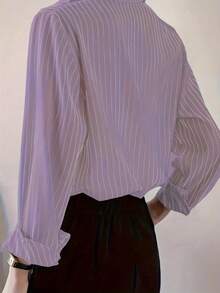 Plus Size Women's Casual Striped Shirt With Turndown Collar, Suitable For Commuting, Spring/Summer - Purple - View 3