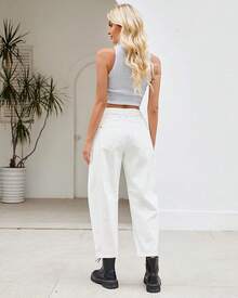 LookbookStore High Waisted Wide Leg Baggy Barrel Jeans Denim Jean Pantshalloween - Kem Trắng - Xem 2