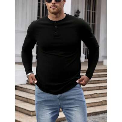 Playera tipo Henley manga larga para hombre color negro casual y cómoda | playera negra hombre, playera manga larga hombre, playera henley hombre, cam