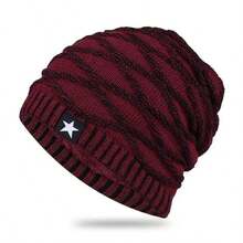 1pc Men's Loose Knit Hat With Five-Pointed Star Decoration, Thermal Lined Winter Outfits Fluffy