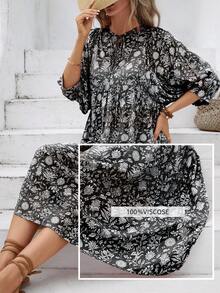 Allover Floral Print Smock Dress - Black - View 4