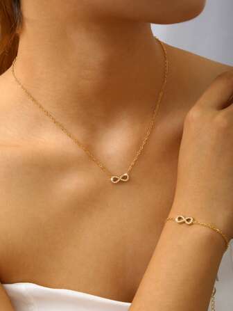 TONSI 1 件 18K 镀金简约 8 形首饰套装，小众多功能高端不锈钢方晶锆石数字 8 吊坠项链和手链，适合节日、旅行、工作、日常佩戴、派对、聚会