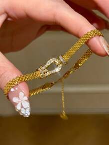 1pc Stainless Steel Milanese Horseshoe Clasp Woven Bracelet, Gold Plated Hollow Strap, Fashion Minimalist Versatile Design - Horseshoe Watch Strap Bracelet - View 1