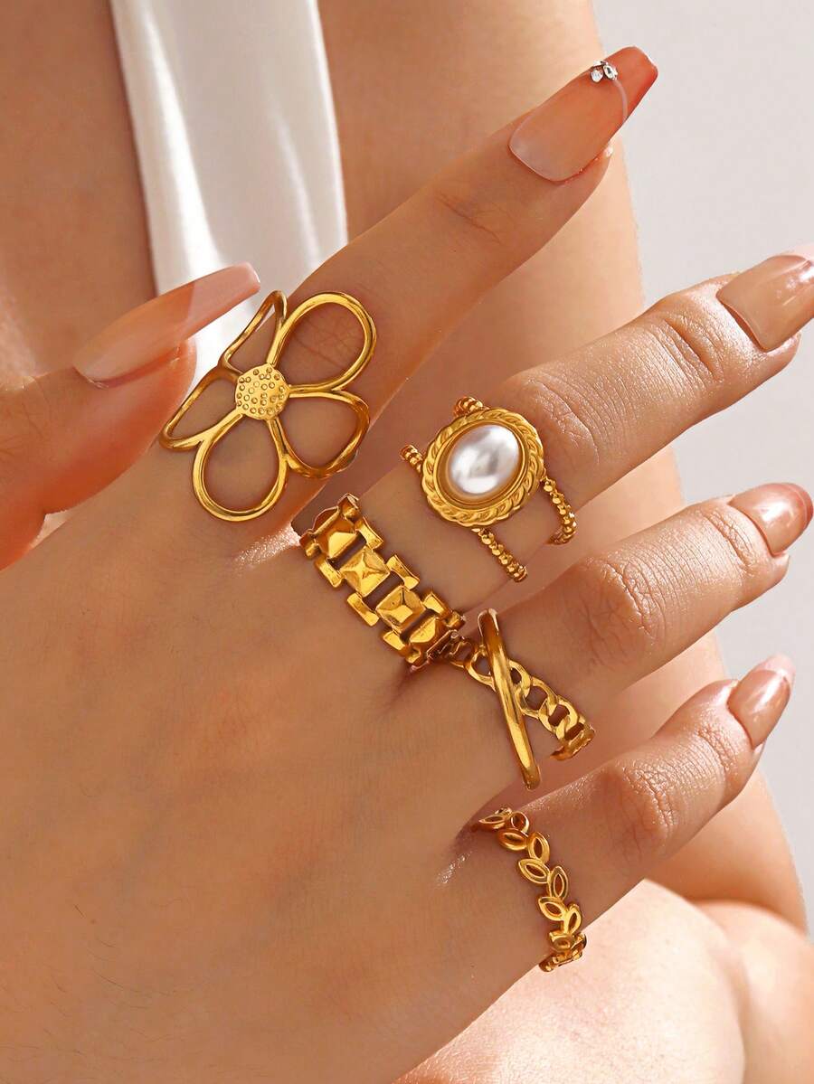 5pcs Stainless Steel 18K Gold Plated Fashionable Floral Oval Chain Open Rings, Suitable For Women's Daily Wear - Multicolor - View 1