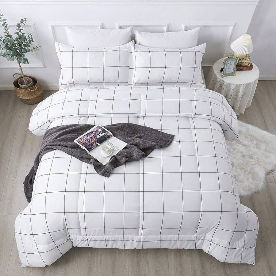 Checkered Comforter Twin (66x90Inch), Black White Plaid Gingham Bed Set, Lightweight Microfiber Geometric Preppy Bedding, 2 Pieces, Bedding F2BF - 06 - 網格 - 白色 - 查看 1