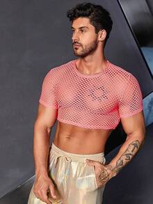 Men's Fishnet Mesh Tee Shirt Round Neck Short Sleeve Crop Top - Màu Hồng Tươi - Xem 4