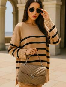 Women's Striped Sweater Knitwear Cold Weather Round Neck Long Sleeve Poncho Autumn/Winter Fashion Casual Stylish Knitwear - 黑色 - 查看 4