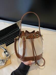 Women Bucket Bag, Fashion Casual Ladies Straw Woven Shoulder Crossbody Bag, Drawstring Closure Small Handbag, Summer Straw Beach Bag For Women, Vacation Essentials, Perfectly Matching With Beach Accessories Women, Hottest Beach Bags For Women, Fashion Summer Vacation Bag, Beach Essentials Women Bags For Vacation & Holiday, Newest Holiday Bag - Khaki - View 7