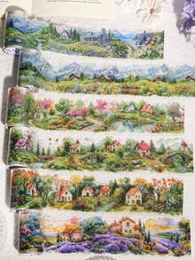 1 Roll Small Town Landscape & House PET Decorative Tape, Suitable For Scrapbooking, DIY, Photo Album, Planner - Multicolor - View 1