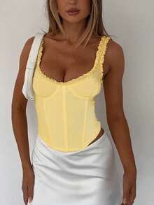 Ruffled Trim U-Neck Bust-Enhancing Tank Top – Waist-Cinching Boned Corset - 黃色 - 查看 3