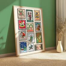 1 pièce Affiche murale vintage sans cadre avec timbre de Noël. Affiche de vacances classique avec des designs de timbres rétro pour la décoration festive de la maison, de la chambre d'étudiant et des cadeaux nostalgiques. Décoration de Noël, décoration d'arbre de Noël, cadeaux, décoration de Thanksgiving, de mariage, de maison, d'automne, d'anniversaire, fournitures de fête, décoration intérieure de fête, décoration d'Halloween, décoration murale, ornements d'Halloween - Multicolore - Voir 3