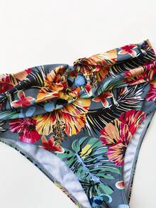 Women's Floral Print Bikini Set, Long Sleeve V-Neck Swimsuit With Bow Detail, High Stretch Polyester And Spandex, Removable Padding, All-Season Mesh Fabric, 3-Piece Swim Skirt Set - Xám - Xem 9