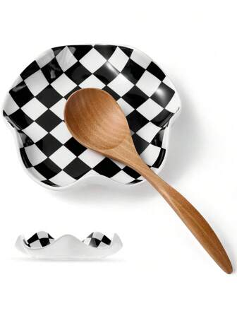 APPKER Ceramic Spoon Rest, 5.3in Black & White Pattern, Heat Resistant Cooking Spoon Holder For Kitchen Countertop, Stove Top, Spatula, Ladle, Coffee Spoon Rest