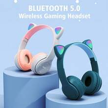 Kids Headphones, Cat Ear LED Light Up Bluetooth 5.0 Foldable Wireless Gaming Headset For Kids Adult, Built-In Mic Noise Cancelling Over Ear Headphones For Study/Travel
