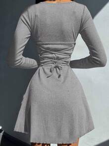 女士针织修身长袖纯色休闲简约日常街头度假秋冬连衣裙 - 灰色 - 查看 2
