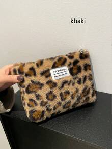 Yogodlns 新款时尚女士毛绒面料豹纹纹理手拿包 别致时尚化妆包女士手拿包 可爱女士钱包迷你毛绒手提包轻便休闲手拿包秋冬季 撞色蓬松化妆包 轻便时尚女士派对手拿包