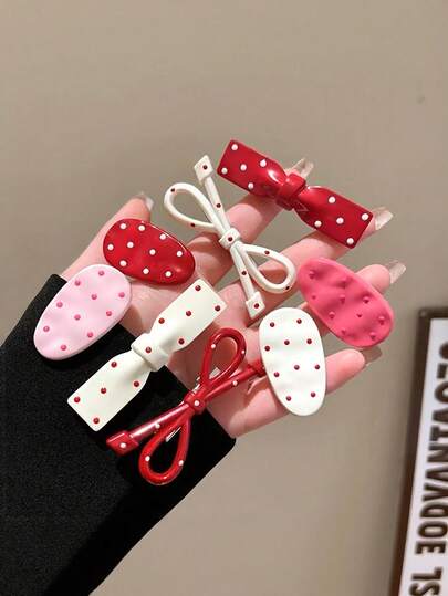 8pcs Vintage Red Polka Dot Hair Clips, Elegant Bow Hair Clips, Single Row Side Hair Clips, Durable Plastic Hair Accessories, Minimalist Hair Clips