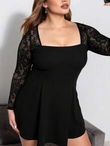 Plus Size Midnight Lace Seduction - Black Square Neck Bodycon Dress For Women Sheer Sleeves Evening Glam, Women's Versatile Lace Dress For Date Nights, Soirées  Lounge Elegance - màu đen - Xem 2