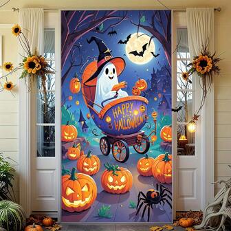 2D Door Curtain Banner, Halloween Party Banner - 35x70 Inch Polyester Door Decor, Witch Hat Ghost Riding Pumpkin Carriage With "Happy Halloween" Text, Hellfire, Spiders And Bats, Indoor/Outdoor Holiday Decoration, Suitable For Home, School Or Events, Halloween Decor