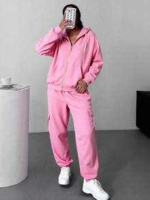 Sudadera Con Capucha De Manga Larga Con Cierre  Y Pantalones Con Bolsillo De Solapa, Traje Deportivo - Rosa Pálido - Ver 2