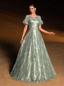 GIFORU Luxury Pastel Green Floral Sequin Gown - Puffed Sleeves A-Line Evening Dress With V Back & Crystal Embroidery For Art Gallery Openings, Vienna Balls And Luxury Galas Wedding Prom Dress Wedding Dresses For Bride Formal Dresses For Women White Dress New Year Elegant Dresses For Party Elegant Long Graduation Dress Sparkly Dress - Cỏ xanh - Xem 7