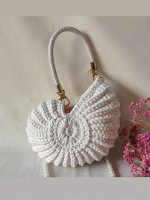 New Handmade Woven Minimalist Shell Handbag, Milky White - Beige - View 7