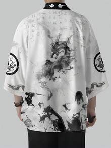 Men's Casual Kimono Cardigan, Samurai Justice Print Pattern Kimono, Casual Summer Clothing - White - View 2