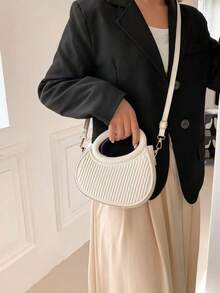 Fashionable Classic Niche Design Gentle Women's Commuting Date Single Shoulder Crossbody Bag Striped Embossed Handbag Fashionable Round Crossbody Bag Women's Double Handle Novel Wallet - trắng - Xem 2