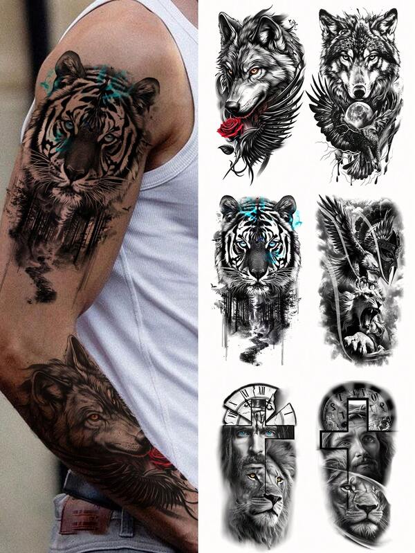 6pcs Black Temporary Tattoo Stickers For Men, Realistic Animal Totem Half Sleeve Waterproof Fake Tattoos, Fashionable Body Art Suitable For Party, Performance And Daily Wear