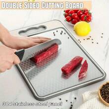 1pc Double-Sided Stainless Steel Cutting Board, Diamond Textured Non-Slip Kitchen Chopping Board, Anti-Scratch Design With Juice Groove, Durable For Meat, Vegetables, Fruits
