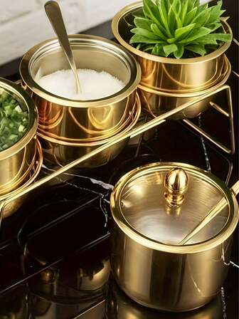 1pc Gold Stainless Steel Spice Storage Container With Clear Glass Lid And Spoon - Dishwasher , Wide Opening, Multipurpose Spice Dispenser, Suitable For Coffee Bar And Kitchen Organization, Christmas Party Supplies, Family Dinner