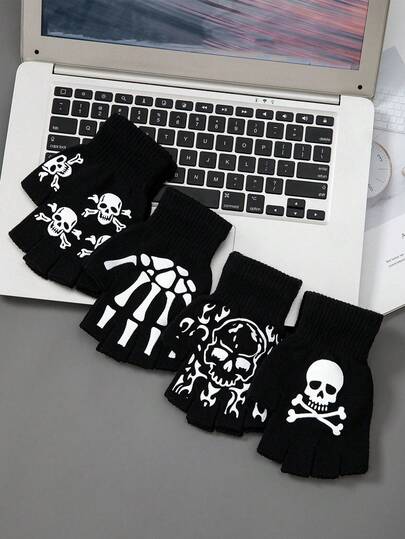 1 Pair Solid Color Cartoon Skull Short Fingerless Knitted Gloves, Gothic Style Half Finger Warm Gloves, Suitable For Autumn/Winter