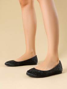 Women's Rhinestone Ballet Flats Glitter Slip-On Elegant Comfortable Round Toe Solid Color Valentines Party Wedding Shoes - Black - View 5