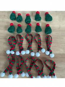 6pcs Mini Christmas Decorations - Mini Santa Hats & Scarves, Mini Knitted Santa Hats, Small Christmas Bottle Toppers, Doll House Christmas Party Decor, Home Decor
