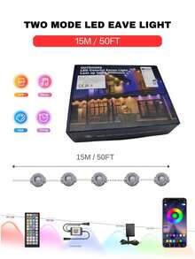 ONELEDWANGRX Permanent LED Eave Lights For Mother's Day Festival 50ft-98.4 Ft/15m-30m RGB Roof Lights With 2 Mode Control, Room Decoration Stuff Patio Yard Fairy Garden Birthday Decorations, Smart App Control And 44-Key Remote Controller Installed Batteries, Colorful Eaves Lights Waterproof