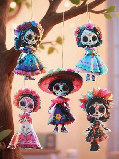 5 pezzi Decorazioni a teschio in stile messicano in acrilico, pendenti decorativi adatti per il Giorno dei Morti, Ognissanti, Carnevale, decorazioni per feste di Natale, per casa, finestre, ufficio, aula, con filo dorato