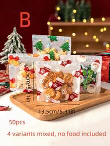 50pcs Christmas Cookie Packaging Bags, Self-Sealing Cookies, Candies, Snowflake Cakes, Snacks, Small Individual Gift Boxes, Frosted Cookies, Lollipops, Chocolate Cookies, Snowflake Cakes Food Packaging Bags, Zipper Seal, Reusable, Cranberry, Small Cookies Baking Bags