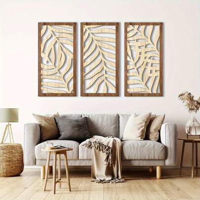 3 件套乡村风格木质棕榈叶墙饰 - 15x7.8 英寸抽象榕叶装饰，适用于客厅、卧室和办公室 | 极简主义风格室内香蕉叶雕塑，室内墙面装饰 | 热带主题 | 木制框架