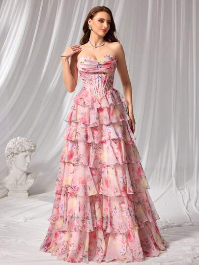 新款节日花卉露肩连衣裙 - 甜美荷叶边饰边和修身腰部设计，适合派对、婚礼、晚宴、返校和生日活动 | 四季穿着，舒适面料，全球适应