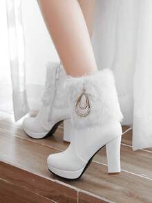 Women's Ankle Boots Platform Boots Side Zip Chunky Heel Booties With Fur Round Toe Leather Winter Boots For Women - 白色 - 查看 7